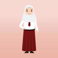 Hijab-Studentin der Grundschule in rot-weißer Uniform. Cartoon-Vektor-Illustration. Porträt eines Grundschülers. schülerkinder mit rucksäcken, büchern, macbook. vektor