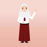 elementärt skola hijab flicka studerande bär röd och vit enhetlig. tecknad serie vektor illustration. porträtt av ett elementärt skola studerande. skola studenter barn med ryggsäckar, böcker, macbook.