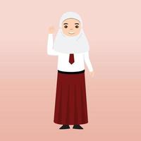 Hijab-Studentin der Grundschule in rot-weißer Uniform. Cartoon-Vektor-Illustration. Porträt eines Grundschülers. schülerkinder mit rucksäcken, büchern, macbook. vektor