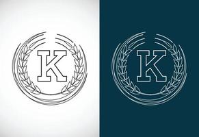 första brev k med vete krans. organisk vete jordbruk logotyp design begrepp. lantbruk logotyp. vektor