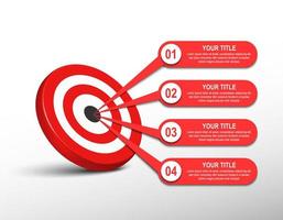 3d röd mål dartboard med märka infografik. mål steg siffra. företag data Diagram, investering mål, marknadsföring utmaning, strategi presentation, prestation diagram. information vektor mall.
