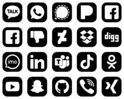 20 elegante weiße Social-Media-Symbole auf schwarzem Hintergrund wie Audio. imo- und dropbox-symbole. auffällig und editierbar vektor