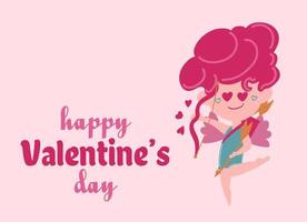 Lycklig valentine s dag affisch med ängel Amor, hjärtan, och konfetti. festlig bakgrund för februari 14 med hand text. vektor design för vykort, reklam material, webbplatser.
