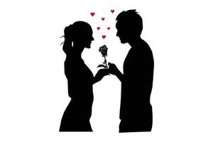 glückliche valentinstagillustration. Silhouetten von Paaren mit Blumen. Ein Junge schenkt einem Mädchen eine Rose. Vektor-Illustration. Reihe romantischer Liebe. vektor