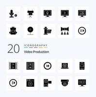 20 Videoproduktion Solid Glyph Icon Pack wie Video-Multimedia-Kamera-Laptop vektor