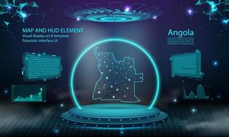 Angola Karte Licht Verbindungseffekt Hintergrund. abstrakte digitale technologie ui, gui, futuristische hud virtuelle schnittstelle mit angolanischer karte. Bühne futuristisches Podium im Nebel. vektor