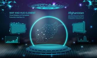 afghanistan karte lichtverbindungseffekt hintergrund. abstrakte digitale technologie ui, gui, futuristische hud virtuelle schnittstelle mit afghanistan-karte. Bühne futuristisches Podium im Nebel. vektor