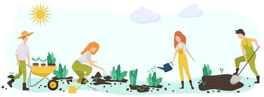 gartenmenschen eingestellt, frühling.flache vektorkonzeptillustration verschiedener leute - männer und frauen, die hobbygartenarbeit machen.frühlingsgartenarbeitskonzept vektor