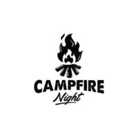 läger brand flamma årgång retro silhuett logotyp design, bål camping äventyr begrepp rustik illustration vektor