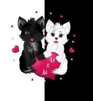 fröhlichen Valentinstag. Grußkarte mit rosa Herzen und kleinen niedlichen schwarz-weißen Katzen. vektor