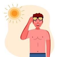 junger Mann mit Hautsonnenbrand unter starker Sonneneinstrahlung in flachem Design. vektor