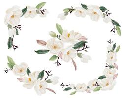 Aquarell weiße Magnolienblüte und Blattstrauß Clipart-Sammlung isoliert auf weißem Hintergrund vektor