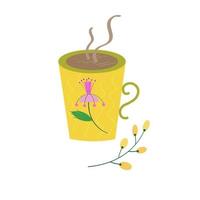 süße tasse heißen kaffee mit einem zweig. hand gezeichnete lustige gelbe tasse mit rosa blumenverzierung. moderne utensilien mit griff.vctor vektor