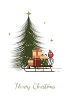 frohe weihnachtskarte mit weihnachtsbaum, winterschlitten, bunten geschenken und dompfaff. flache Abbildung. vektor