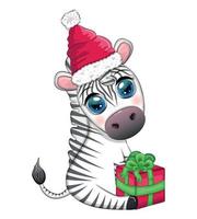 süßes zebra in weihnachtsmütze mit weihnachtskugel, candy kane, geschenk. zeichentrickfigur für wildtierferien. vektor