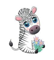 gestreiftes Zebra in einem Blumenkranz, mit einem Blumenstrauß. der Frühling kommt vektor