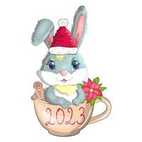 Ein süßes Cartoon-Kaninchen mit Weihnachtsmütze sitzt in einer Tasse mit Keksen und Weihnachtsstern. Winter 2023, Weihnachten und Neujahr vektor