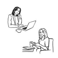 kvinna avlägsen arbete förbi telefon, dator uppkopplad svartvit, webbplatser vektor illustrationer