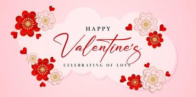 Lycklig valentine dag fira av kärlek text font hälsning kort med hjärtan form vektor och moln ram, tillämplig för hemsida baner, affisch tecken annonser, tryckbar papper hälsning kort och gåva