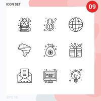 Umrisspaket mit 9 Benutzeroberflächen von modernen Zeichen und Symbolen der Geldwährungsbildungstasche Karte editierbare Vektordesign-Elemente vektor