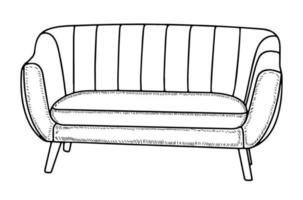 Zeichnungsskizze, Silhouette Umriss Sofa, Couch, Couch, Tagesbett, Chaiselongue, Ottomane. Linienstil und Pinselstriche vektor