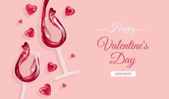 festlig baner för valentines dag, internationell vin dag. realistisk glas av gnistrande reste sig vin. lysande hjärtan. för reklam, hemsida, affisch, flygblad vektor