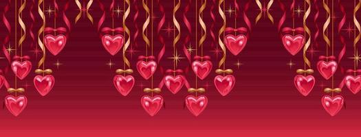 sömlös gräns för valentines dag. lysande hjärtan, guld och röd band och pilbågar, stjärnor. kärlek du. ljus horisontell vektor illustration i en realistisk stil. för reklam baner, hemsida