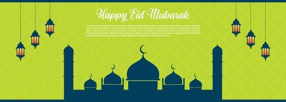 eid mubarak islamischer hintergrund, glückliche eid mubarak fahnenillustration, islamische grußkartenreligionsmuslimische feier. Arabische moderne Kalligrafie vektor