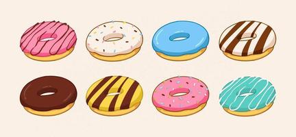 satz bunte donuts der karikatur lokalisiert auf weißem hintergrund. Seitenansicht. donuts-sammlung in glasur für menüdesign, cafédekoration, lieferbox. vektorillustration im flachen stil vektor