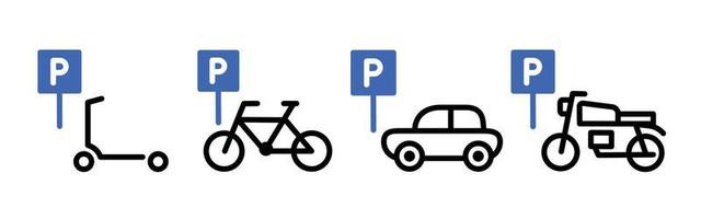 verschiedene parkplatzsymbole. Parken von Autos, Motorrädern, Fahrrädern und Rollern vektor