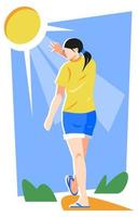 Illustration einer Frau, die der Sonne ausgesetzt ist. geblendet. blauer hintergrund, sonne und gras. geeignet für sommerthema, wetter, natur, morgen usw. flacher vektor