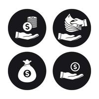 Geldsymbole gesetzt. weiße Symbole auf schwarzem Hintergrund vektor