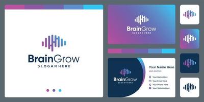 hjärna teknologi logotyp med tillväxt investering pil och företag kort design mall vektor