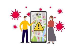 smartphone-gesundheitsvirus-tracking-standort-app mit personen, die eine schutzmaske tragen, um coronavirus, krankheit, grippe und luftverschmutzung zu verhindern. alter mann junge frau person zu fuß. Stadtillustration. vektor