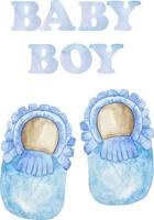 vattenfärg bebis pojke dusch uppsättning. dess en pojke tema med skor. dess en pojke illustration vektor