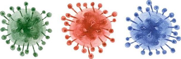 vattenfärg coronavirus cell. en uppsättning av tre stiliserade bilder av virus. röd, grön och blå virus med fläckar och slag. vektor