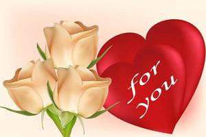 drei beige Rosen und zwei rote Herzen mit der Aufschrift für dich. Valentinstag-Konzept. universeller Feiertagshintergrund. Vektorbild vektor