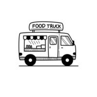 Lebensmittel-LKW-Vektorillustration mit der netten handgezeichneten Art lokalisiert auf weißem Hintergrund. Food-Truck-Doodle vektor