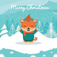 Illustrationen eines niedlichen Tigertiers im Schnee, für Weihnachtsgrüße, können für Grußkarten, Banner, Poster oder andere Designanforderungen verwendet werden. vektor