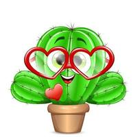 lustige kaktusfigur in einem topf mit roter herzförmiger brille und einem kleinen herz, das in den dornen steckt vektor