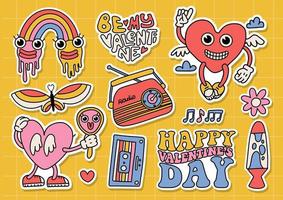 häftig hippie valentines dag klistermärke uppsättning. retro kärlek klistermärken packa. komisk konstig hjärta karaktär i trendig retro tecknad serie 60s 70s stil. årgång maskotar och element. vektor kontur illustration.