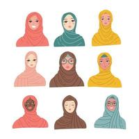 Gruppe von Frauen, die Hijab tragen. verschiedene muslimische frauencharakterporträts. flache handgezeichnete Vektorillustration. vektor