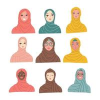 uppsättning av kvinnor bär hijab. olika muslim kvinnor karaktär porträtt. platt hand dragen vektor illustration.