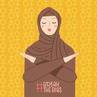 muslimische frau im hijab verschränkt aus protest die arme. Brechen Sie das Bias-Banner für den internationalen Frauentag. iwd-Kampagne. Feier am 8. März. Frauenbewegung gegen Diskriminierung. Vektor-Illustration. vektor