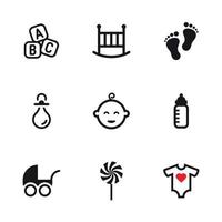 Symbole für Babysachen festgelegt. schwarz auf weißem Grund vektor