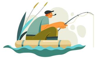 Mann mit Angelrute sitzt im Boot auf dem See vektor