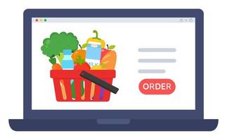 Online-Lebensmitteleinkaufskonzept. Online-Kauf auf Laptop frisches Bio-Gemüse und Lebensmittel. Laptopbildschirm mit Warenkorb und Bestellbutton. gesundes Essen. Webdienst und Computer-App. vektor