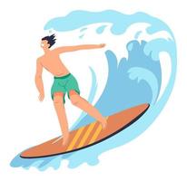 mann surft auf welle, sommeraktivitäten und spaß vektor