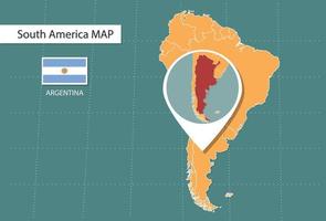 Argentinien-Karte in Amerika-Zoom-Version, Symbole, die den Standort und die Flaggen von Argentinien zeigen. vektor