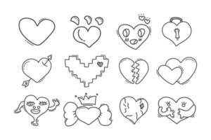 Vektor-Doodle-Herzen gesetzt. alle Charaktere des Herzens durch dünne schwarze Linie. vektor